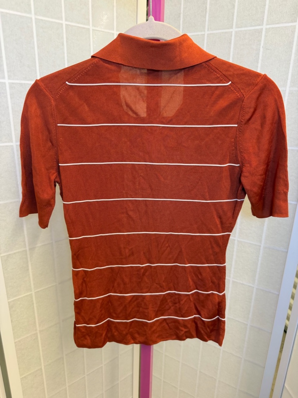 COS Women's Rust Short-Sleeve Polo with White Stripes - Picture 4 of 5